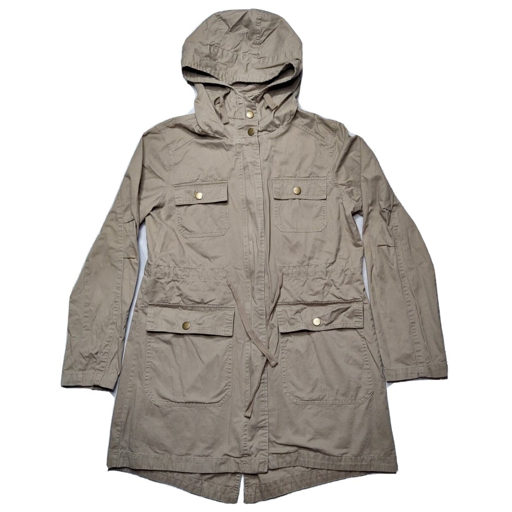 ACTIVE USA Women Small Khaki Full Zip Hooded Cotton Utility Trench Coat